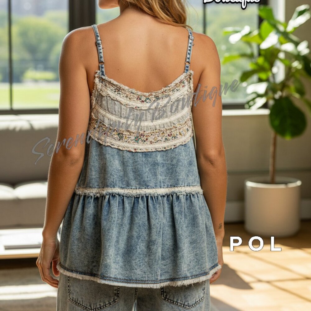 POL Acid Denim Lace Patchwork Button Up Oversized Cami Strap Babydoll Top - Picture 7 of 11